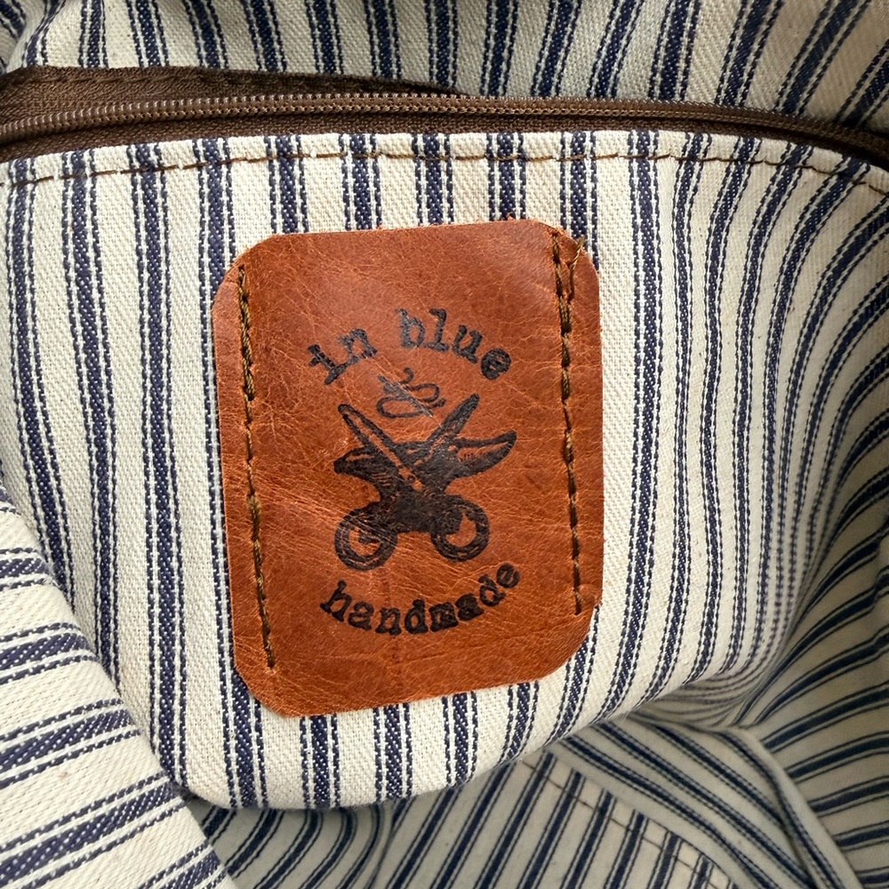 In Blue Handmade Pecan Waxed Canvas & Leather Messenger Bag - LINED + ZIPPER - Picture 8 of 12